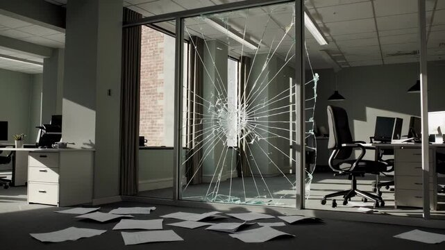 Powerful earthquake causing glass door shattering in slow motion, scattering papers across office floor during violent seismic event revealing sudden workplace destruction