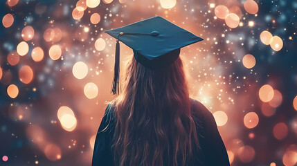 Graduation Glow: A young woman, seen from behind, stands in a swirling bokeh of warm lights, wearing a graduation cap and gown, symbolizing the bright future and exciting possibilities that lie ahead.