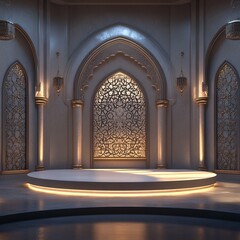 Islamic architecture, ornate archways, intricate geometric patterns, golden light, illuminated niche, marble floors, circular platform, soft shadows, symmetrical design, spiritual ambiance.
