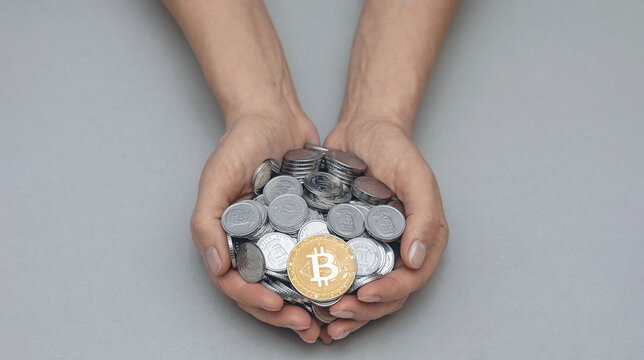 Golden Bitcoin in palms with coins. Risks, stock market fluctuations and Bitcoin cryptocurrency.