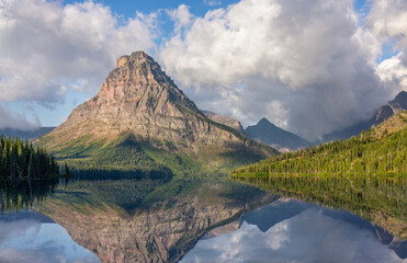 Morning view of Mount Sinopah and reflection - from the Two Medicine Lake dock area - Glacier National Park