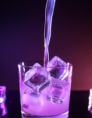 Pouring a Stream of Glowing Purple Liquid into a Glass with Ice Cubes Floating in a Pool of Neon Light Under Dim Studio Lighting