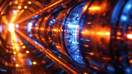 Futuristic Technology Concept Featuring Vibrant Blue and Orange Lights in a High-Tech Tubular Structure Representing Innovation and Modern Design