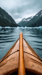 Obraz premium Kayaking serene fjord, mountains background, adventure travel