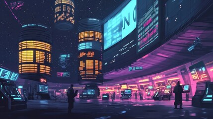 A futuristic market hall tracking real-time blockchain exchanges