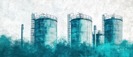 Industrial storage tanks amidst an atmospheric backdrop, showcasing a blend of teal and gray colors, symbolizing energy and infrastructure.