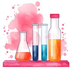 Colorful laboratory glassware on a pink watercolor background, featuring flasks and test tubes filled with various liquids.