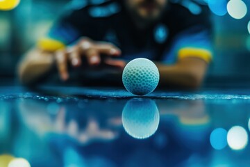 Focused young male athlete concentrates intently on table tennis ball during a competitive match in a sports facility