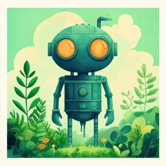 A whimsical robot with large orange eyes stands amidst lush green foliage, blending technology with nature in a vibrant, playful setting.