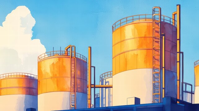 The image features large, cylindrical storage tanks against a bright blue sky, showcasing industrial infrastructure with a modern design.