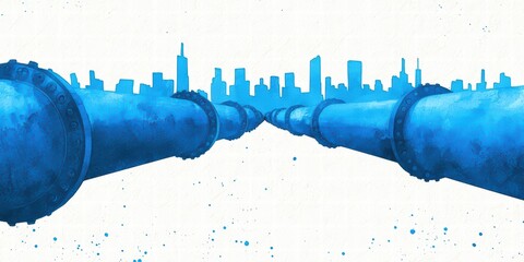 A vibrant illustration of blue pipes extending towards a city skyline, symbolizing urban infrastructure and water systems.