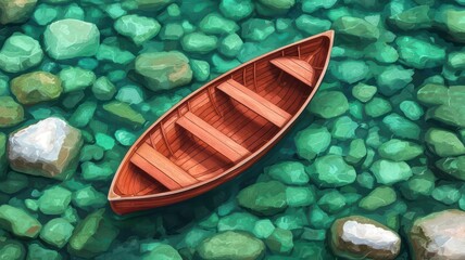 A wooden boat floats on clear turquoise water, surrounded by smooth stones, creating a serene and tranquil scene.