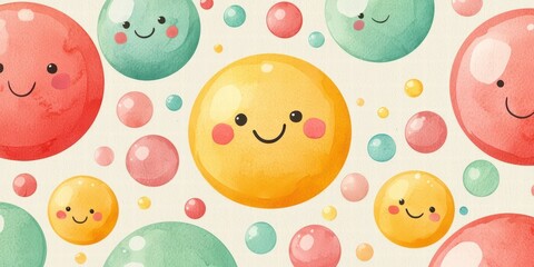 A whimsical pattern of cheerful, smiling bubbles in various colors, creating a joyful and playful atmosphere.