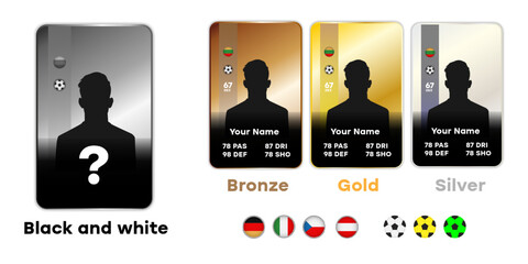 football player card with countries Custom football player card template silver gold Digital sports card design mockup for gaming and fantasy football
