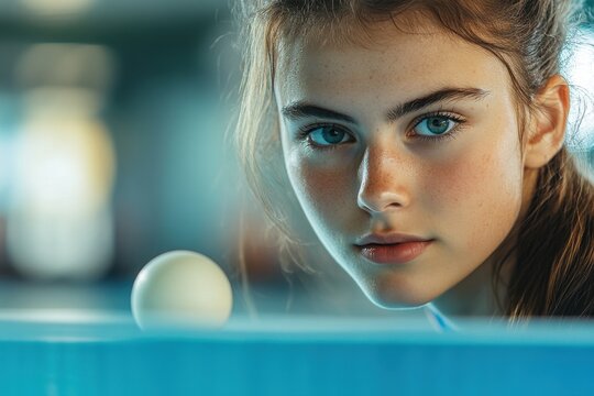 Focused young male athlete concentrates intently on table tennis ball during a competitive match in a sports facility - Powered by Adobe