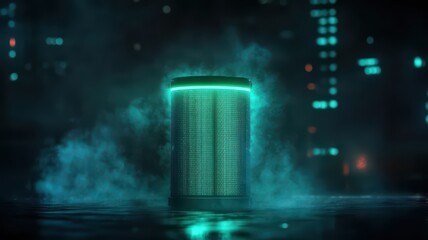 A futuristic, glowing cylindrical object surrounded by mist in a neon-lit environment, evoking a sense of mystery and advanced technology.