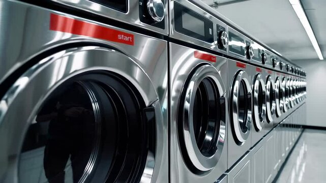 Modern washing machines lined up in public laundromat, featuring stainless steel surfaces, digital controls, and sleek design for efficient laundry service