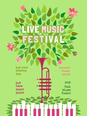 Live Music Festival design vector poster template. Piano keyboard, trumpet, blooming tree hand-drawn cartoon illustration. Spring Vibes Musical Fest performance, outdoor event celebration background