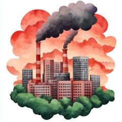 A factory emits dark smoke against a backdrop of red clouds, illustrating industrial pollution and environmental concerns.