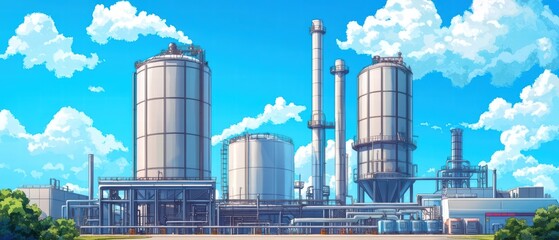 A vibrant industrial scene featuring large storage tanks and smokestacks against a bright blue sky with fluffy clouds.