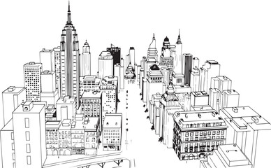 Obraz premium City landscape. Line urban backdrop. Different buildings on street, outline cityscape hand sketch, flat houses. Hand drawn vector illustration