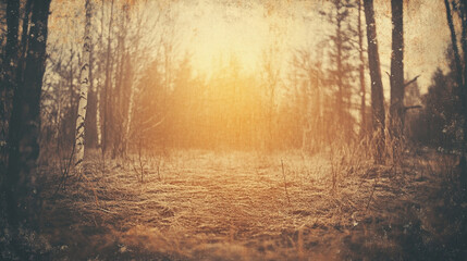 Fototapeta premium Golden Hour Forest Path Tranquil Winter Scene Nature Background fall trees woods birch light brown 
