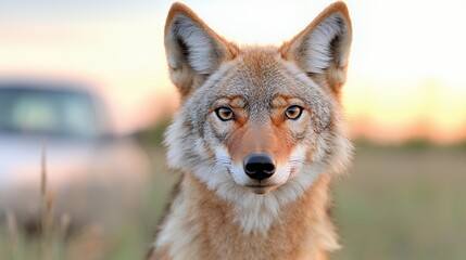 Obraz premium Coyote sunset portrait, field background, wildlife photography, nature documentary