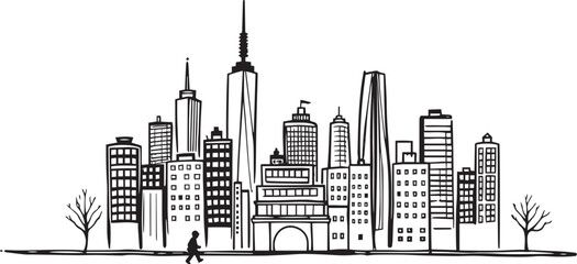 Fototapeta premium City landscape. Line urban backdrop. Different buildings on street, outline cityscape hand sketch, flat houses. Hand drawn vector illustration