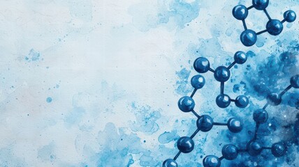 A vibrant blue abstract image featuring molecular structures against a soft watercolor background.