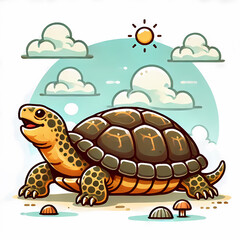 A cheerful cartoon turtle with yellow and brown shell against a bright sky background.