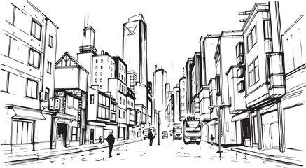 City landscape. Line urban backdrop. Different buildings on street, outline cityscape hand sketch, flat houses. Hand drawn vector illustration
