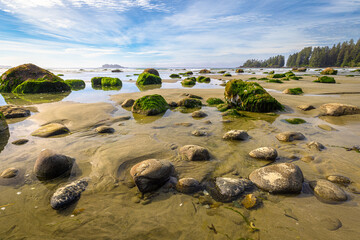 Long Beach, wide Panoramic Landscape in Pacific Rim National Park Reserve on Vancouver Island, British Columbia, Canada.