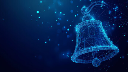 Digital Bell: Abstract polygonal bell, glowing with light, against a dark blue background.  A futuristic, ethereal image evoking themes of announcement and notification.
