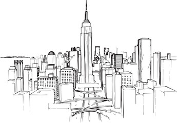 Obraz premium City landscape. Line urban backdrop. Different buildings on street, outline cityscape hand sketch, flat houses. Hand drawn vector illustration