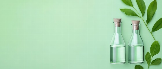 Two glass bottles filled with clear liquid sit next to green leaves on a light mint background, evoking a fresh and natural aesthetic.