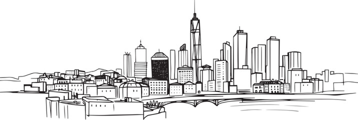 City landscape. Line urban backdrop. Different buildings on street, outline cityscape hand sketch, flat houses. Hand drawn vector illustration
