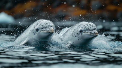 Obraz premium Two beluga whales surfacing in icy waters of the Arctic region during a foggy morning