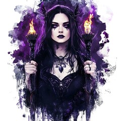Majestic Painting of Hecate, Goddess of Magic and Witchcraft, Holding Torches with Mysterious Aura in