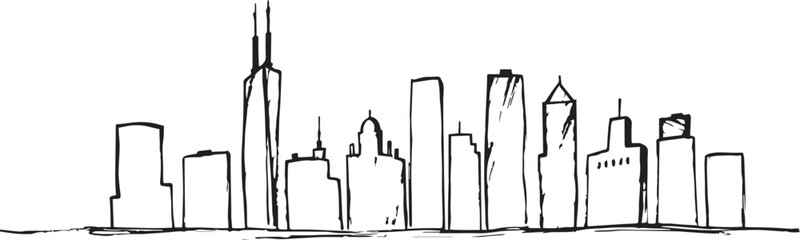 City landscape. Line urban backdrop. Different buildings on street, outline cityscape hand sketch, flat houses. Hand drawn vector illustration