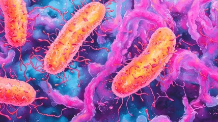 A vibrant illustration of bacteria, showcasing colorful shapes and textures, emphasizing the microscopic world of microorganisms.