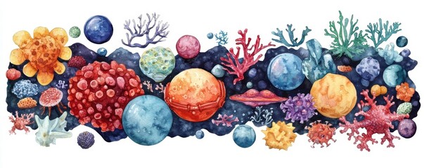 A vibrant underwater scene showcasing colorful corals, marine life, and various textures, illustrating the beauty of ocean ecosystems.