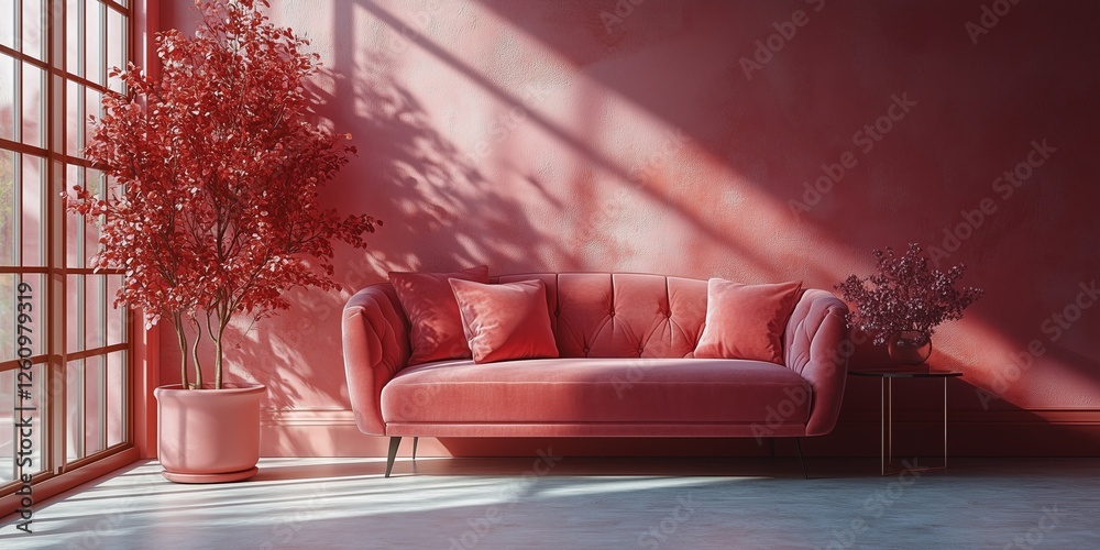 Sticker Stylish interior with pink sofa and vibrant plants in a sunlit room