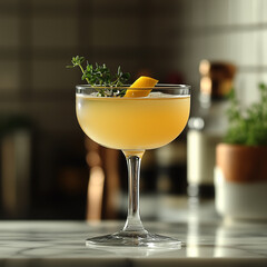 Elegant Cocktail with Lemon Twist and Fresh Herb Garnish 