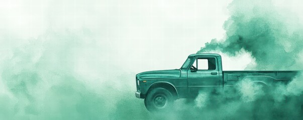 A vintage green truck drives through a cloud of green smoke, creating a striking visual contrast and evoking a sense of nostalgia.