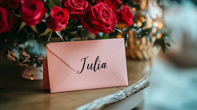 Pink envelope with name Julia next to bouquet of red roses on wooden table