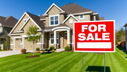 "For Sale" sign on green lawn in front of modern house, real estate market.