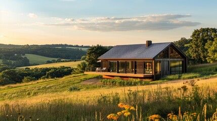 Modern Wooden House on Scenic Countryside Hill During Golden Hour

