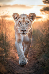 Majestic Lion Walking at Sunset