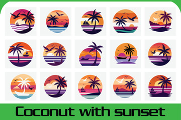 Coconut Tree and Boat Tropical Sunset Vector Illustration for Apparel