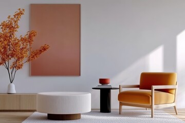Modern Living Room Design Featuring Cozy Orange Chair, Stylish Coffee Table, Decorative Wall Art, Intimate Home Atmosphere